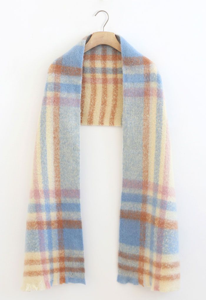 Check Print Fuzzy Oversize Scarf in Light Blue