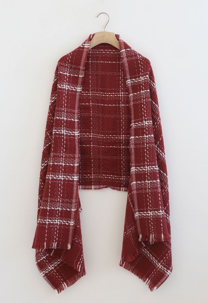 Plaid Pattern Fringed Edge Scarf in Red