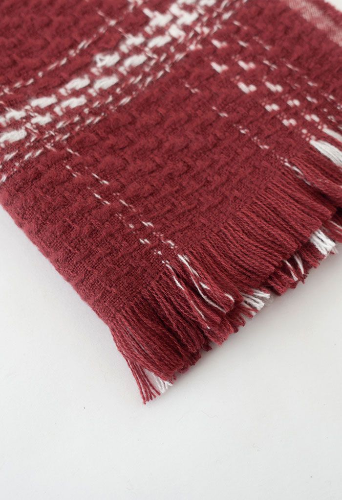 Plaid Pattern Fringed Edge Scarf in Red