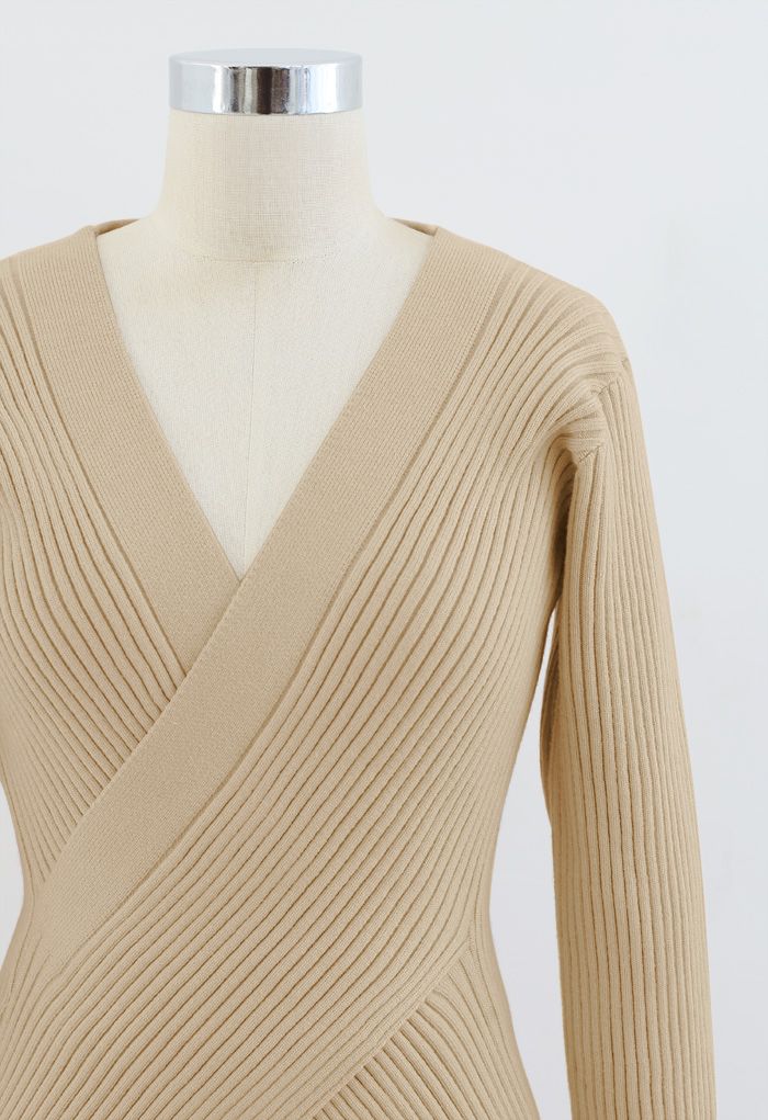Cross Wrap Rib Knit Longline Sweater and Pants Set in Camel