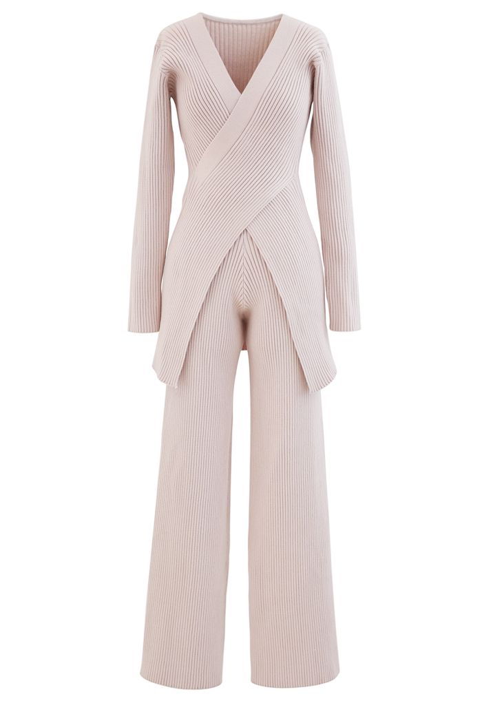 Cross Wrap Rib Knit Longline Sweater and Pants Set in Pink - Retro ...