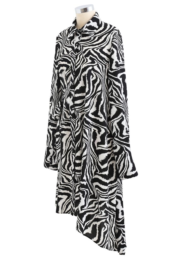 Zebra Print Knot Side Asymmetric Shirt Dress
