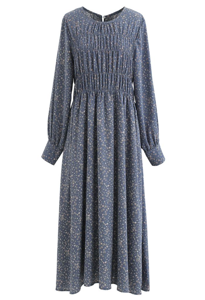 Bouquet Floret Shirred Chiffon Dress in Dusty Blue - Retro, Indie and ...