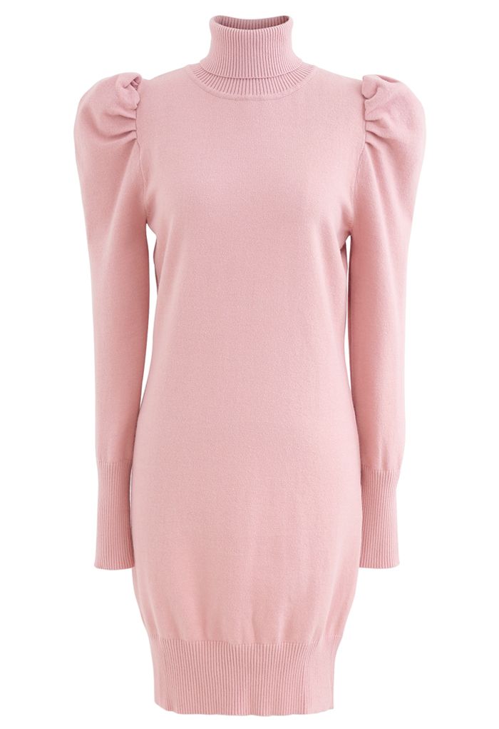 Bubble Shoulder Turtleneck Sweater Dress in Pink
