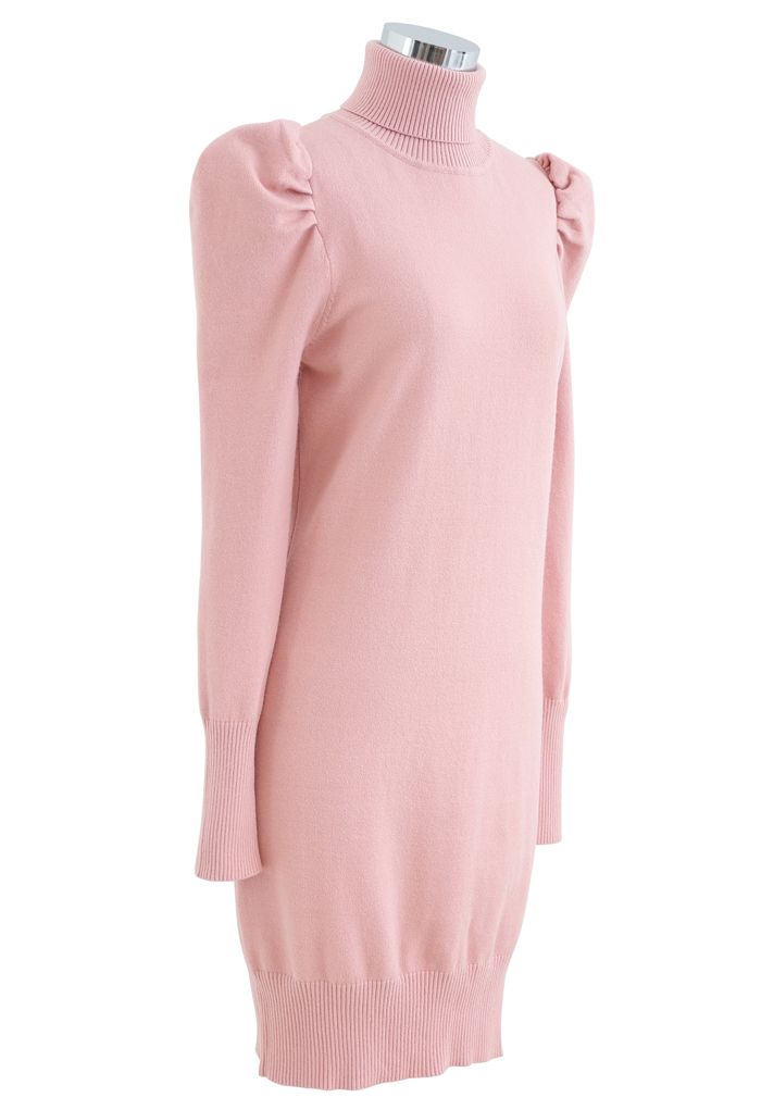 Bubble Shoulder Turtleneck Sweater Dress in Pink