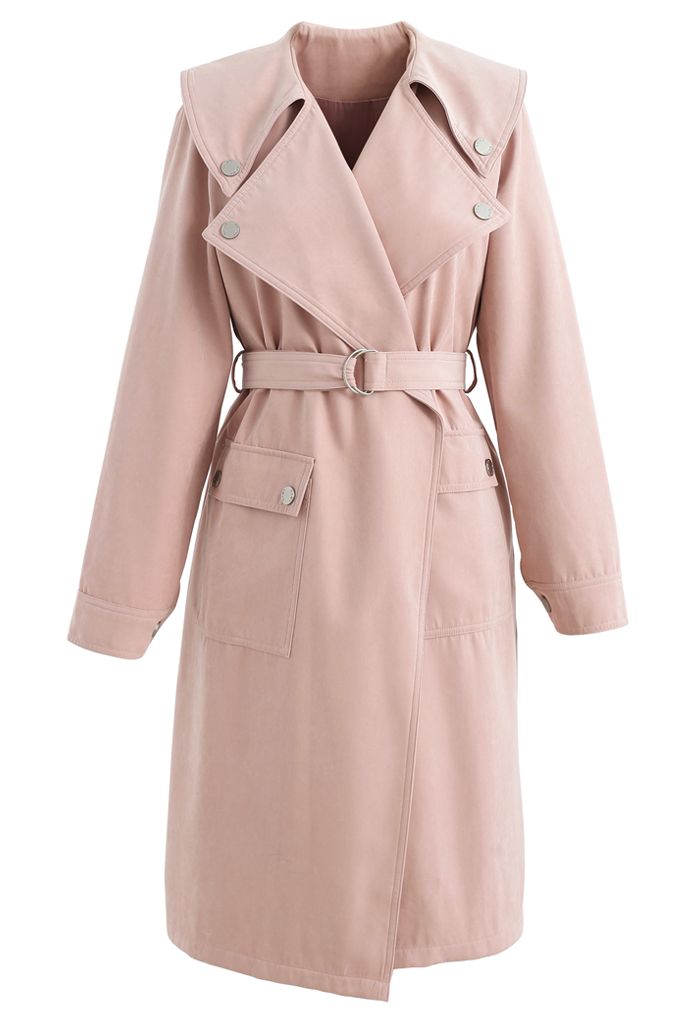 Suede Pocket Belted Trench Coat in Dusty Pink