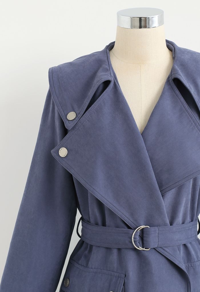 Suede Pocket Belted Trench Coat in Blue - Retro, Indie and Unique Fashion