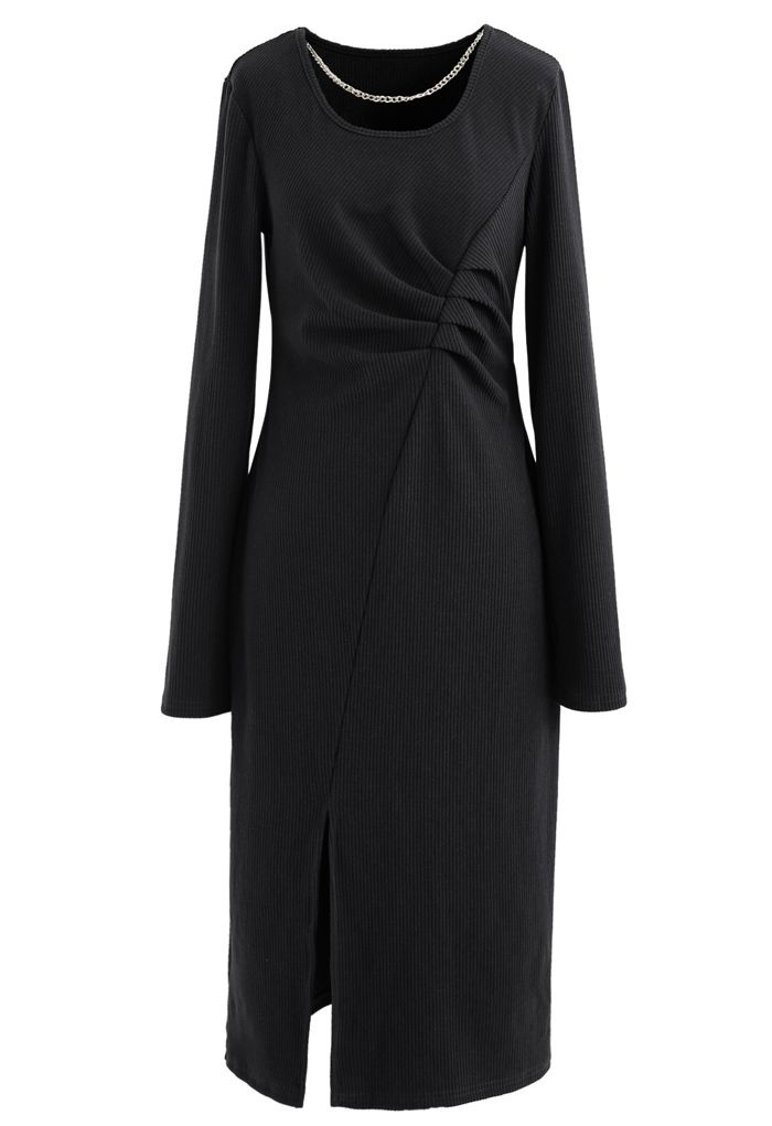 Chain Neck Ruched Split Knit Dress in Black - Retro, Indie and Unique ...