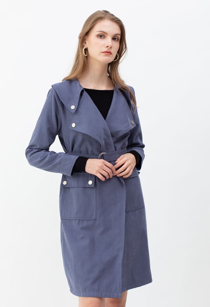 Suede Pocket Belted Trench Coat in Blue