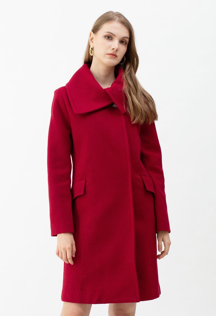 Point-Collar Button Up Wool-Blend Coat in Red - Retro, Indie and Unique ...