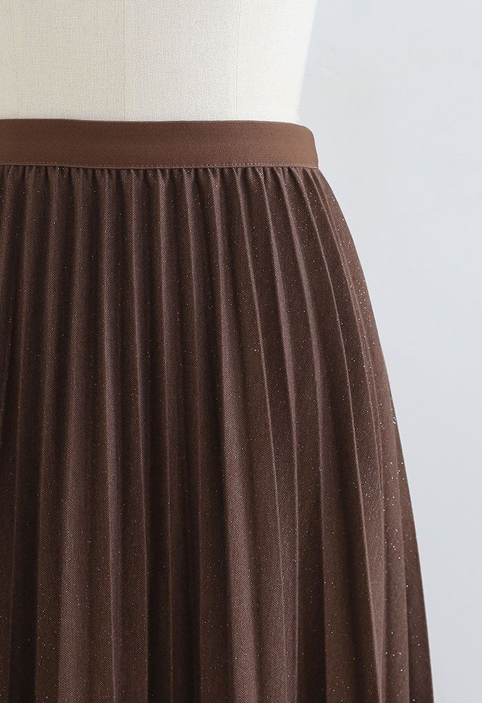 Sparkling Pleated Midi Skirt in Brown