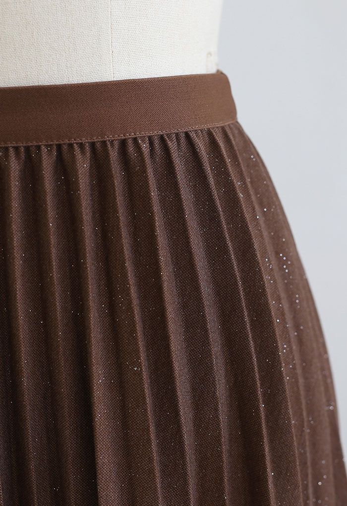 Sparkling Pleated Midi Skirt in Brown