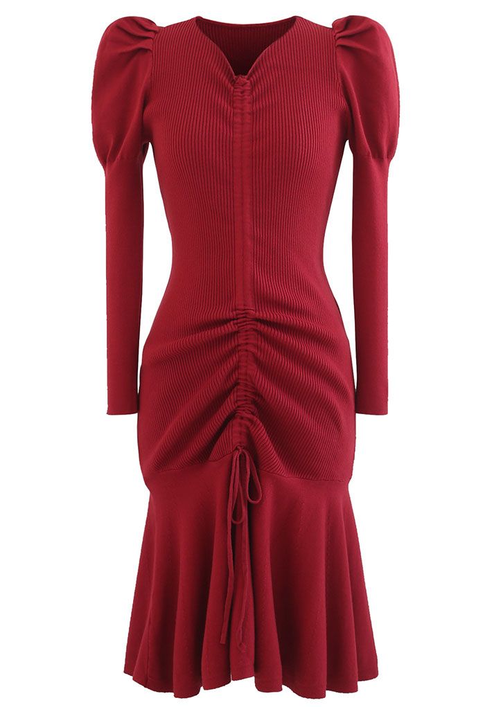 Drawstring Front Frill Hem Knit Midi Dress in Red