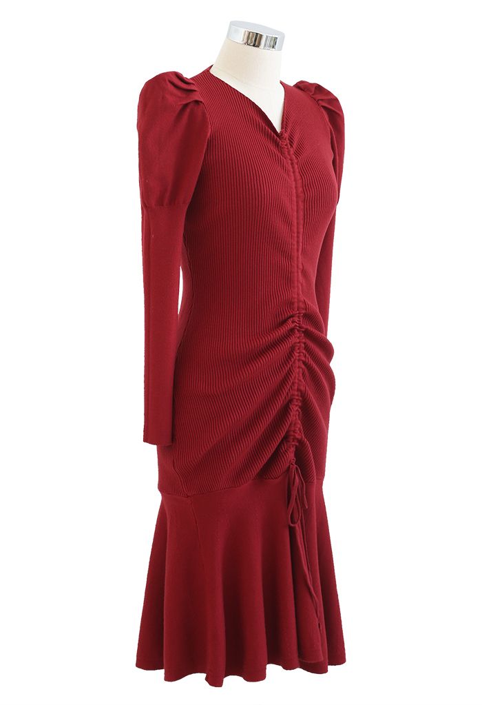 Drawstring Front Frill Hem Knit Midi Dress in Red