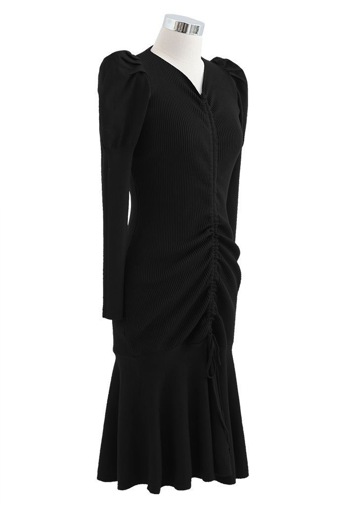 Drawstring Front Frill Hem Knit Midi Dress in Black