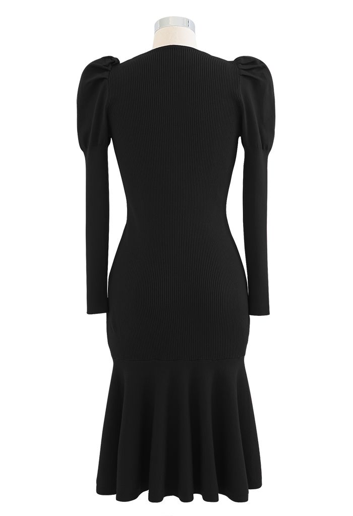 Drawstring Front Frill Hem Knit Midi Dress in Black