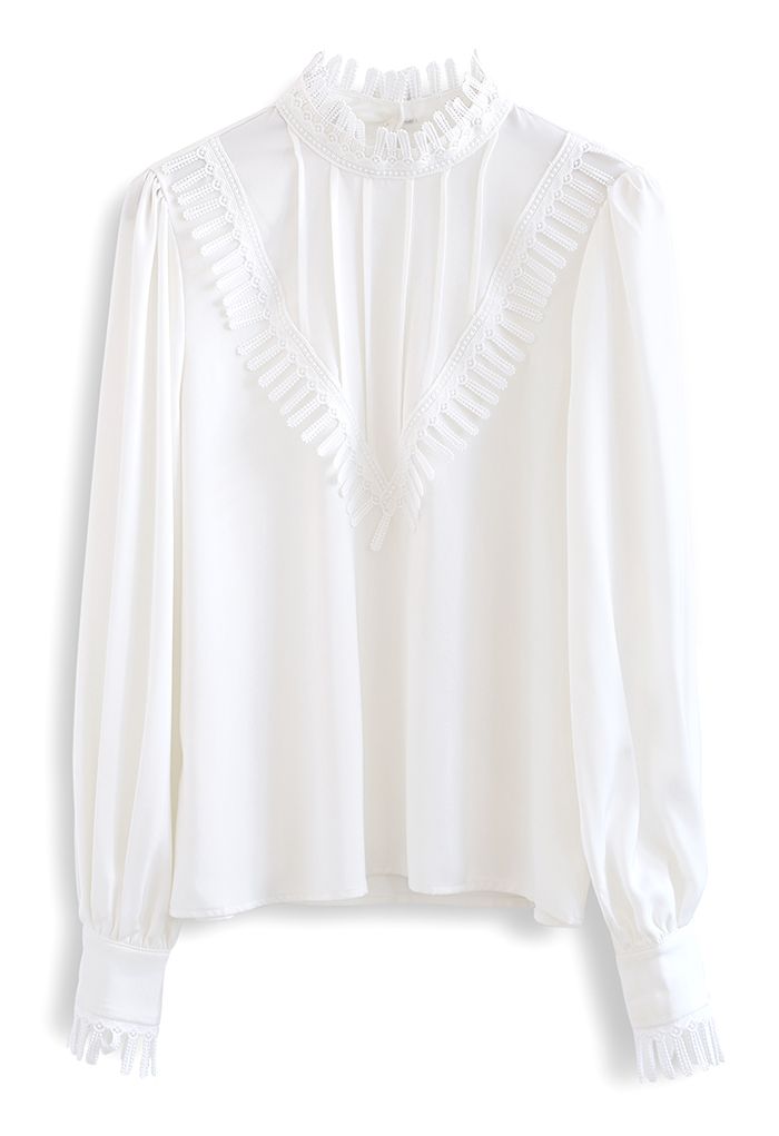Neatness Crochet Decorated Satin Shirt in White