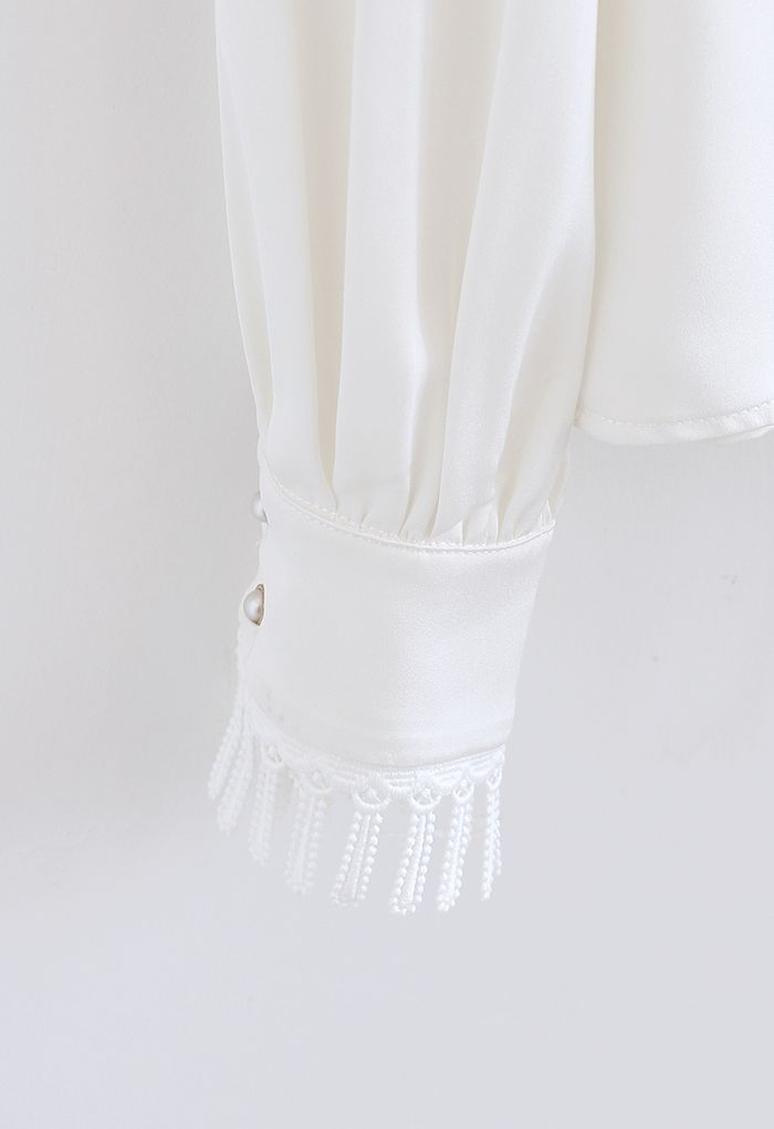 Neatness Crochet Decorated Satin Shirt in White