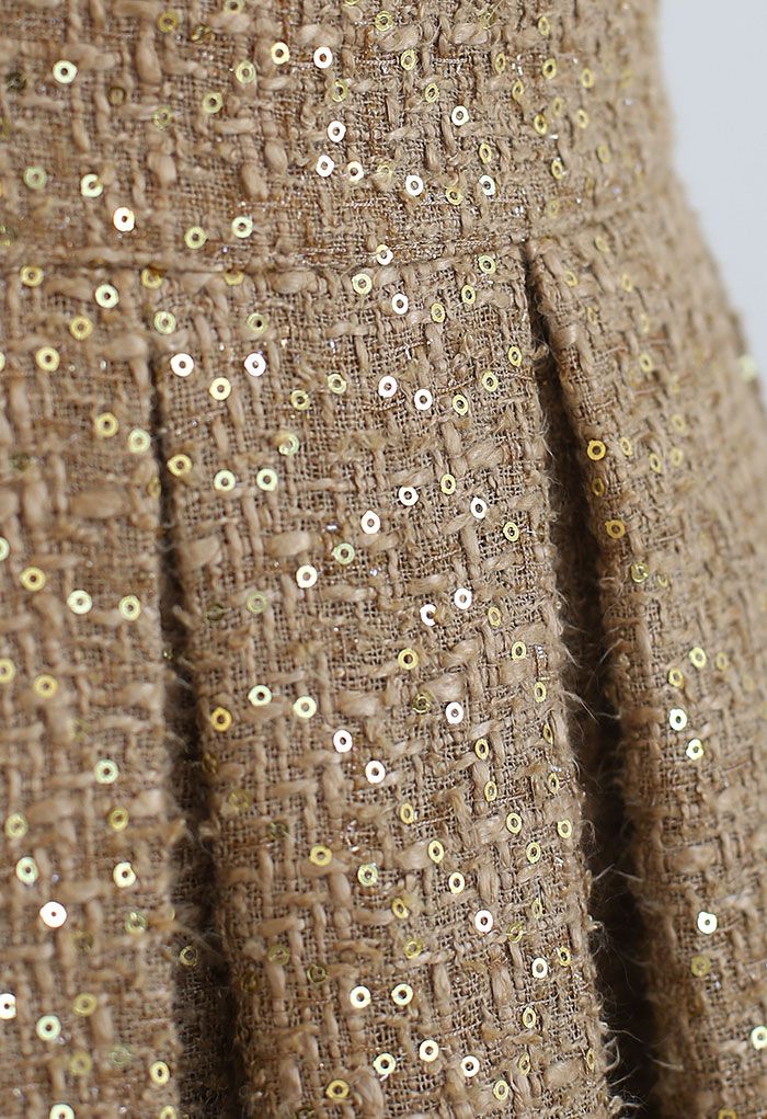 Golden Sequin Tweed Pleated Midi Skirt