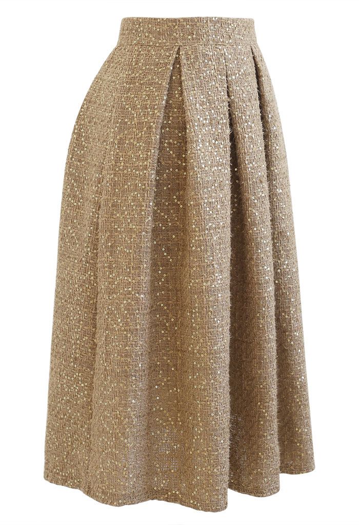 Golden Sequin Tweed Pleated Midi Skirt - Retro, Indie and Unique Fashion