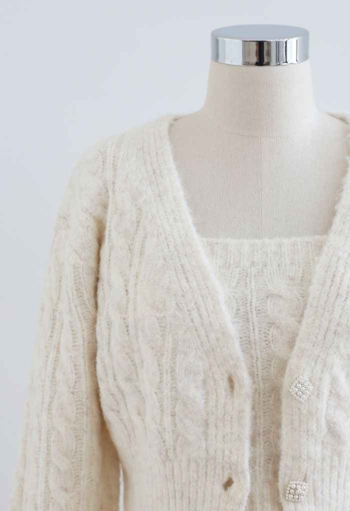 Braid Knit Cami Top and Crop Cardigan Set in Ivory