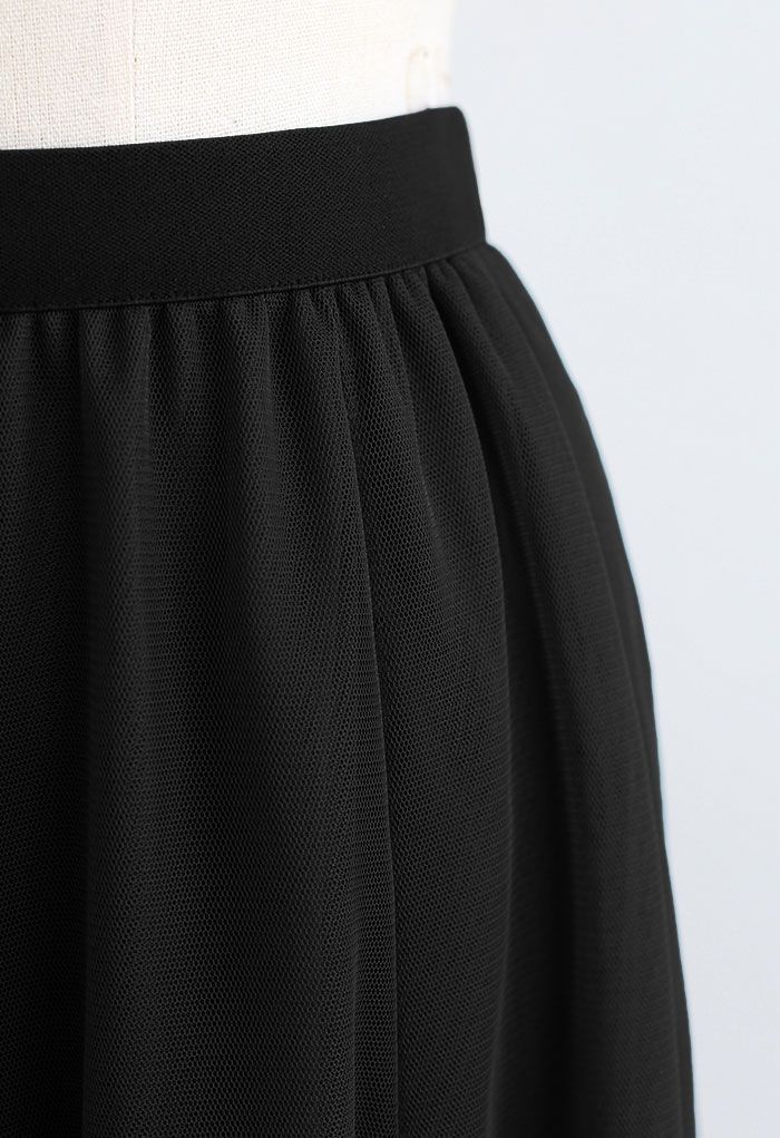 Pearl Embellished Mesh Tulle Skirt in Black