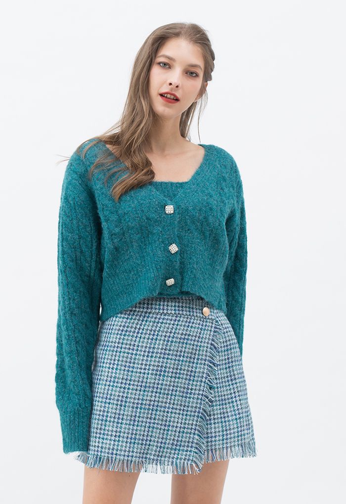 Braid Knit Cami Top and Crop Cardigan Set in Teal