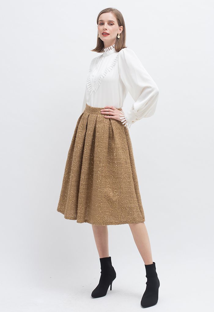 Golden Sequin Tweed Pleated Midi Skirt