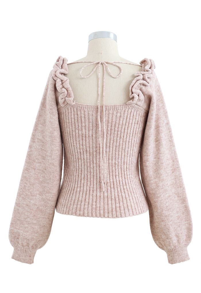 Ruffle Square Neck Knit Sweater in Peach - Retro, Indie and Unique Fashion