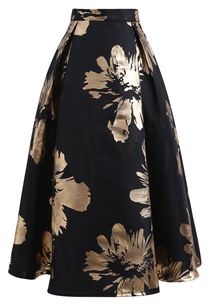 Golden Blossom Jacquard A-Line Midi Skirt