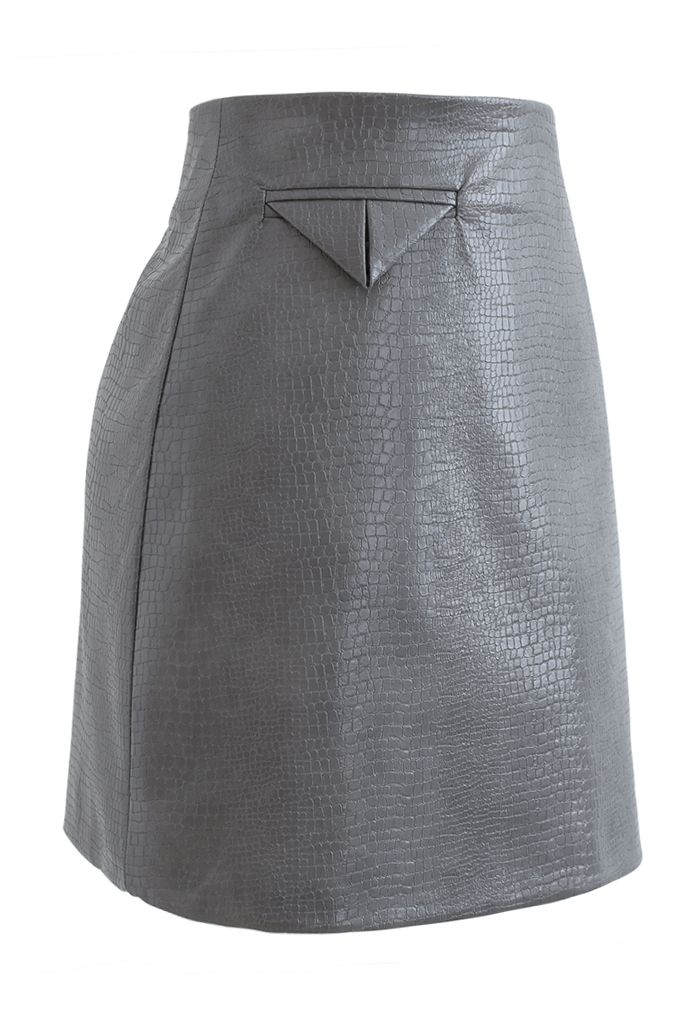 Crocodile Faux Leather Mini Skirt in Grey