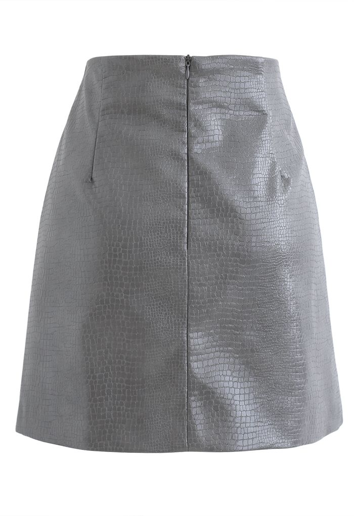 Crocodile Faux Leather Mini Skirt in Grey