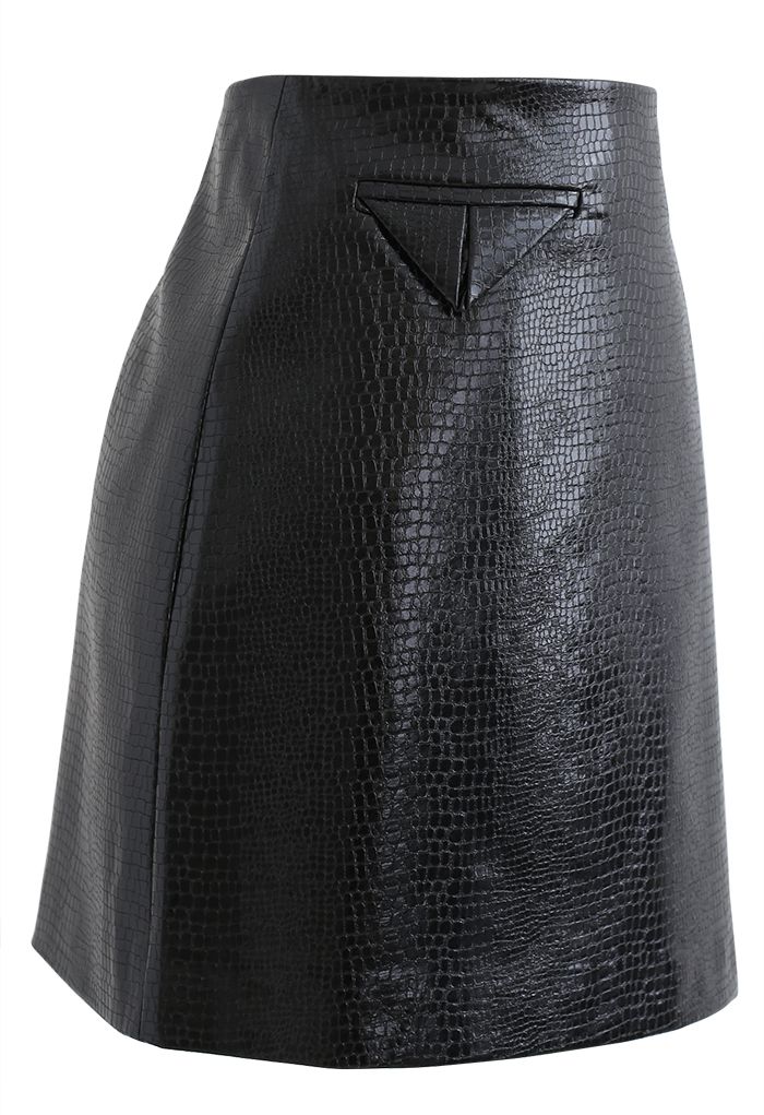 Crocodile Faux Leather Mini Skirt in Black