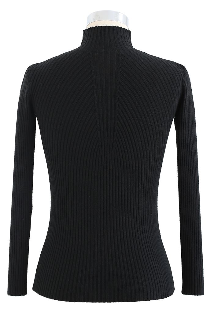 Pearl Mock Neck Fitted Rib Knit Top in Black - Retro, Indie and Unique ...