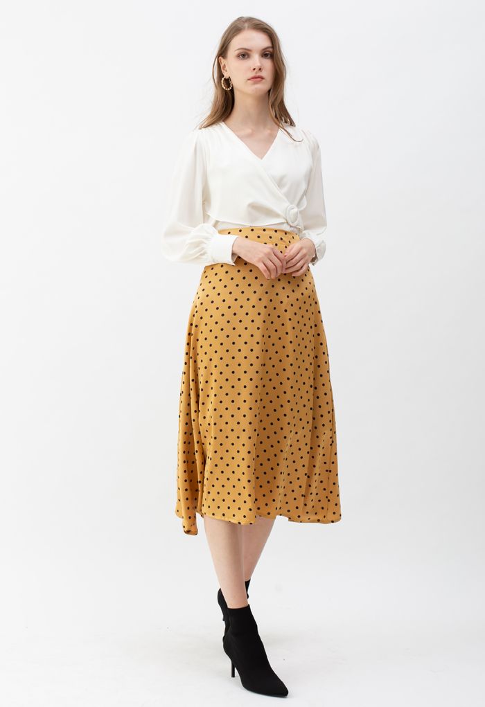 Polka Dots Midi Slip Skirt in Gold - Retro, Indie and Unique Fashion