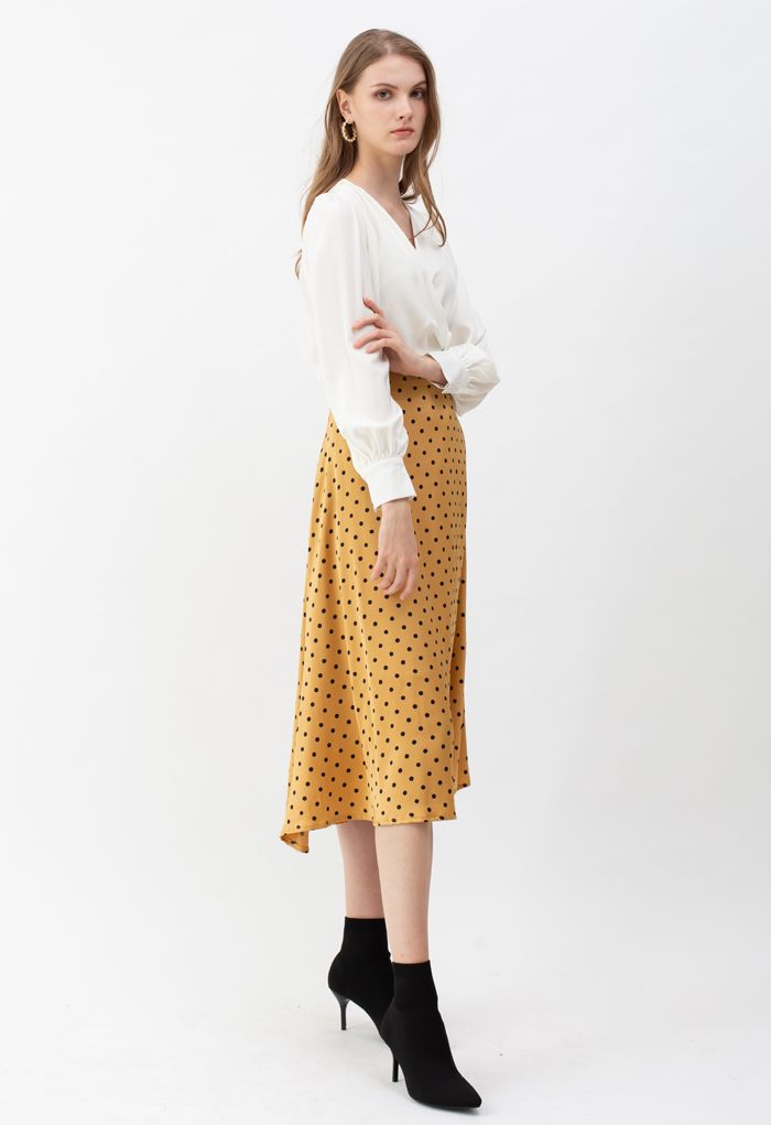 Polka Dots Midi Slip Skirt in Gold