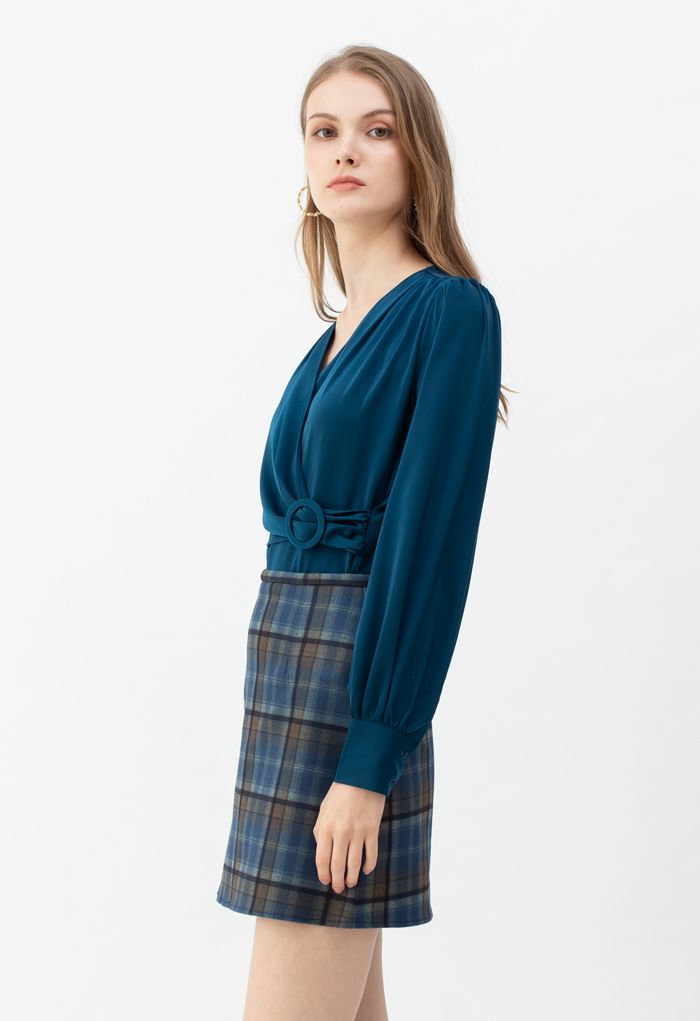 Wool-Blend Check Print Mini Skirt in Blue