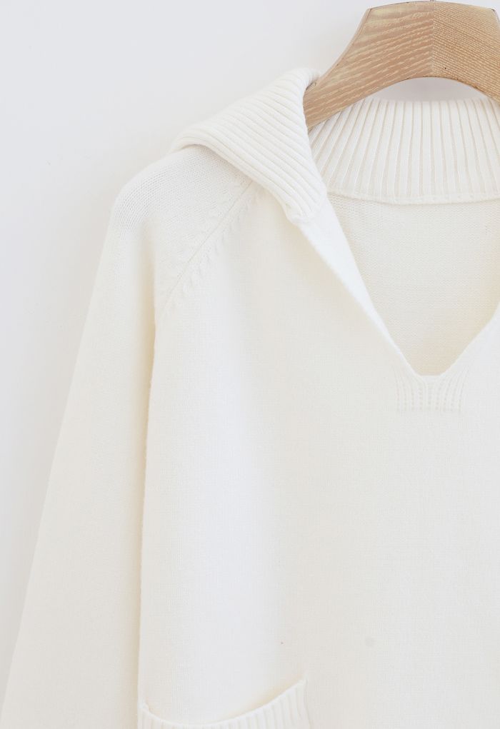 V-Neck Flap Collar Pocket Sweater in White
