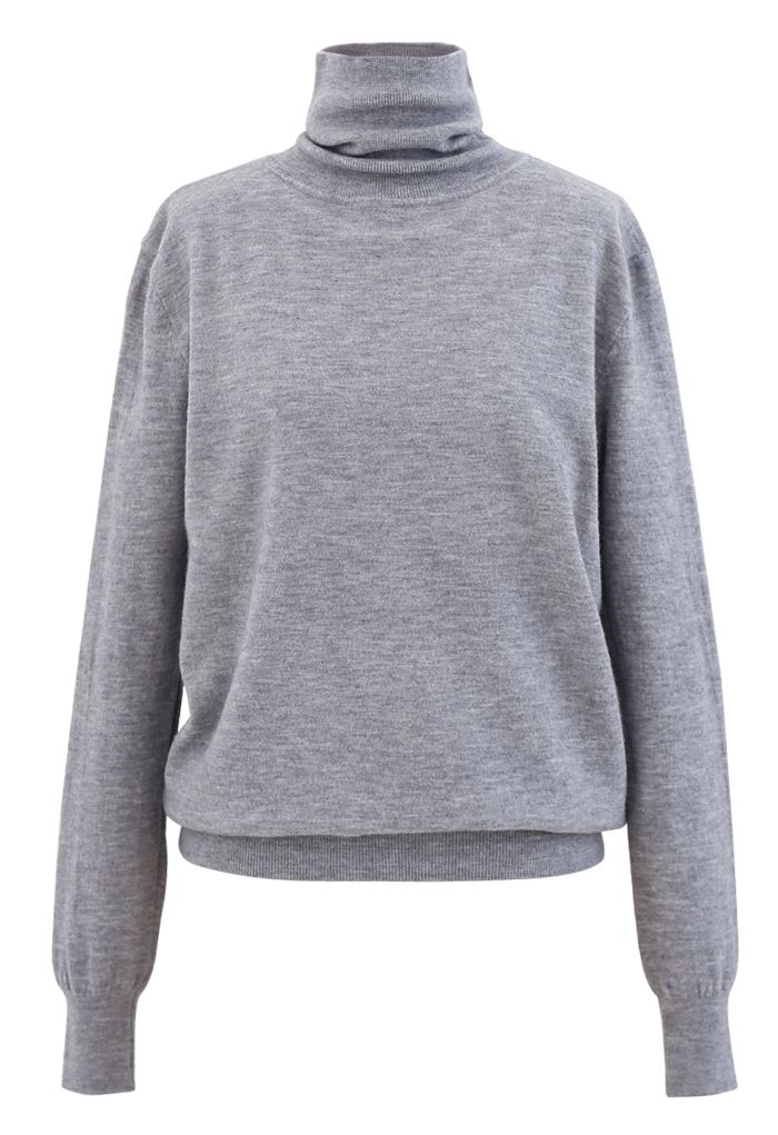 Turtleneck Soft Touch Ribbed Knit Sweater in Grey