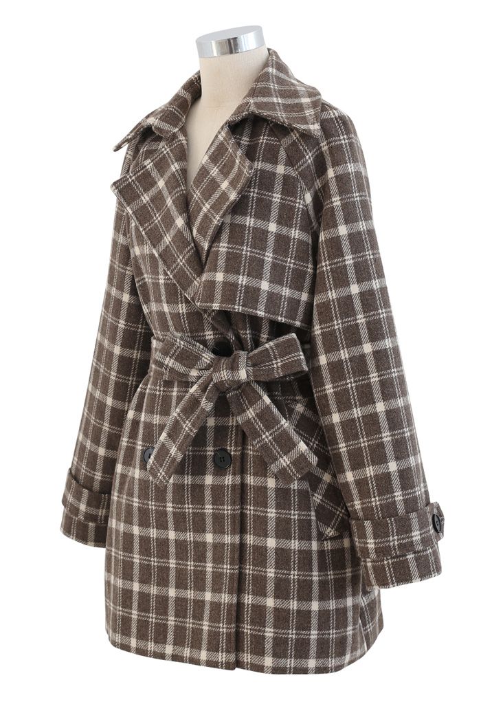 Double-Breasted Plaid Wool-Blend Coat in Brown - Retro, Indie and ...