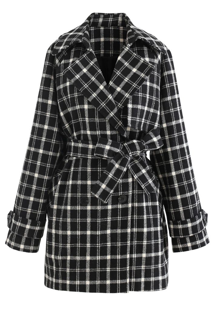 Double-Breasted Plaid Wool-Blend Coat in Black