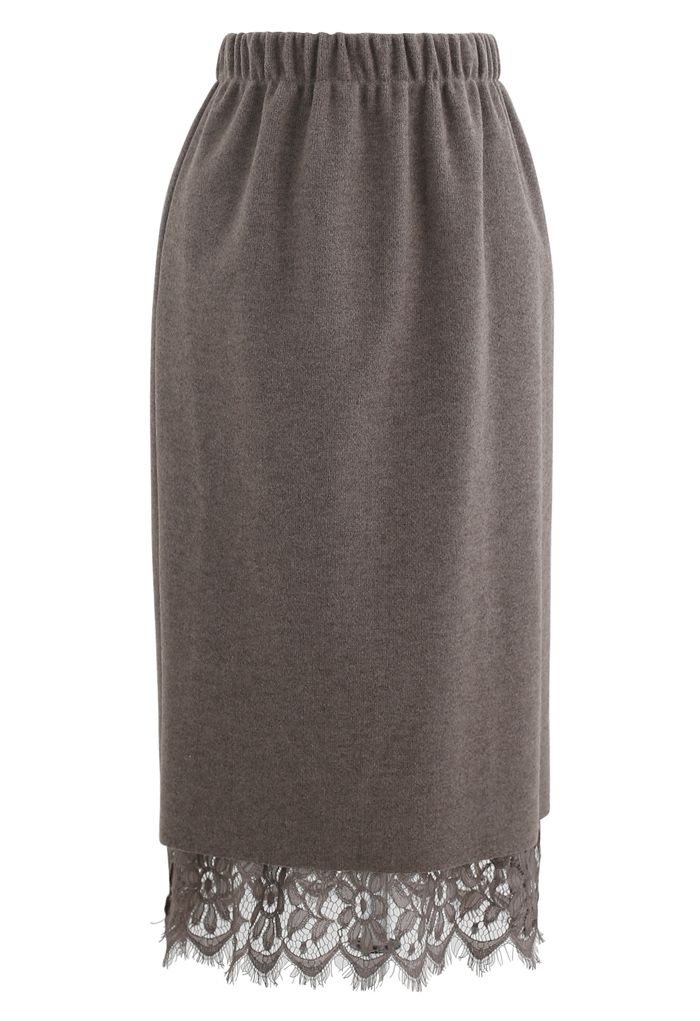 Reversible Soft Knit Lace Midi Skirt in Taupe