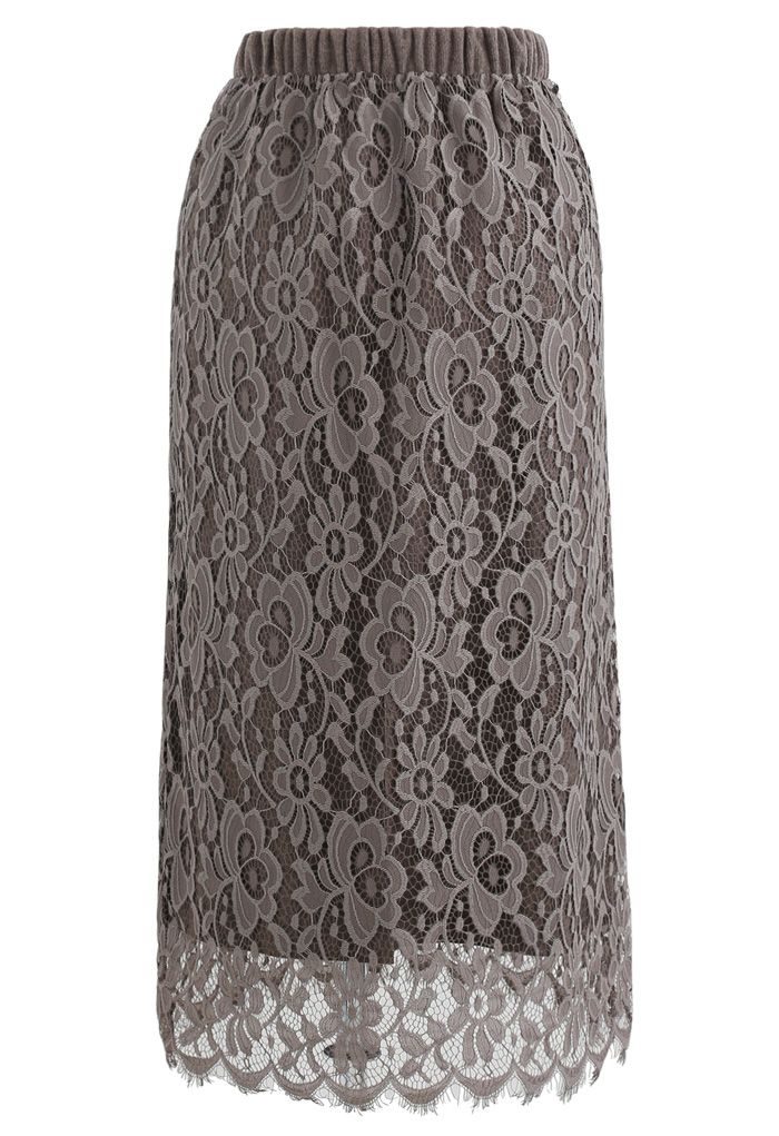 Reversible Soft Knit Lace Midi Skirt in Taupe - Retro, Indie and Unique ...