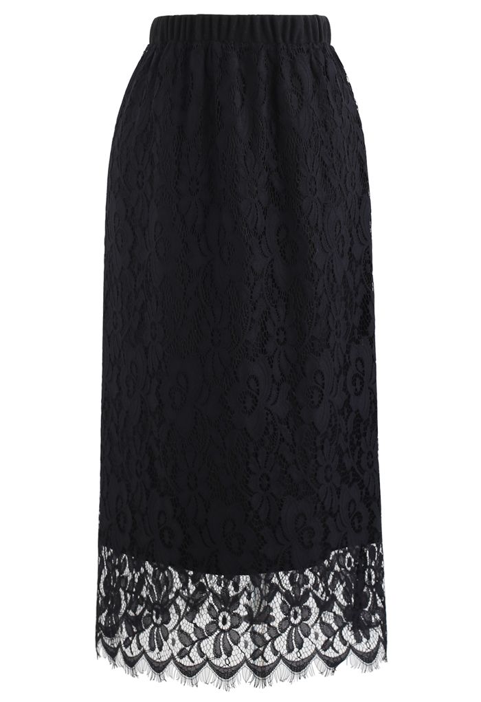 Reversible Soft Knit Lace Midi Skirt in Black 