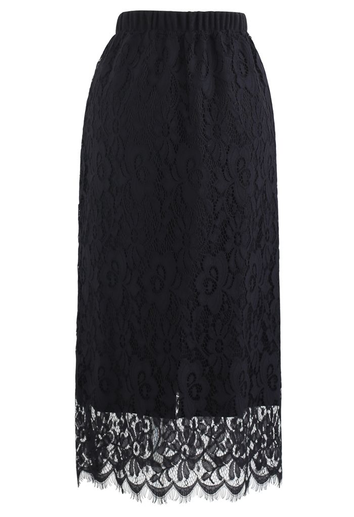 Reversible Soft Knit Lace Midi Skirt in Black 