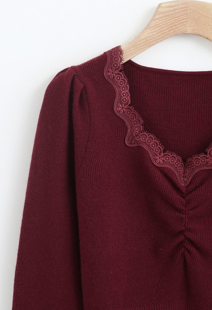 Sweetheart Lace Neck Knit Top in Wine