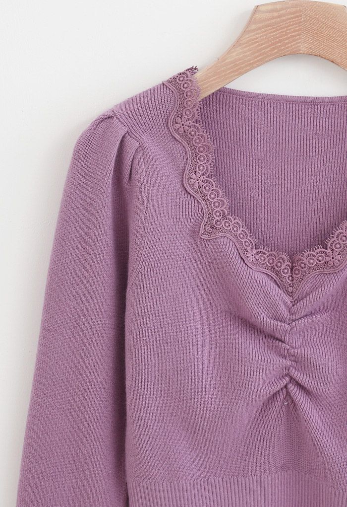 Sweetheart Lace Neck Knit Top in Purple
