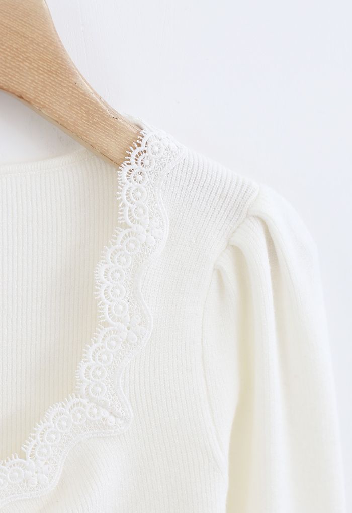 Sweetheart Lace Neck Knit Top in White - Retro, Indie and Unique Fashion
