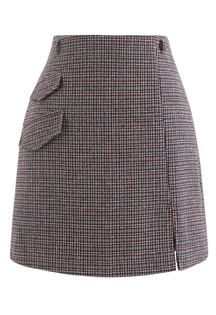 Flap Pocket Houndstooth Check Wool-Blend Mini Skirt - Retro, Indie and ...