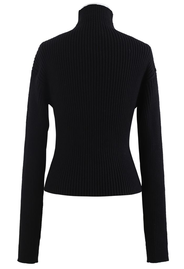 Padded Shoulder Ribbed Knit Sweater in Black